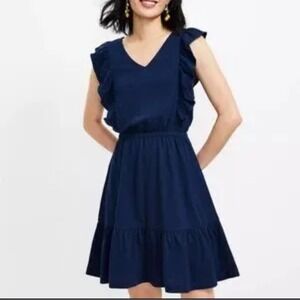 LOFT Navy Blue Ruffle Sleeve V-Neck Ruffle Hem Casual Dress XL